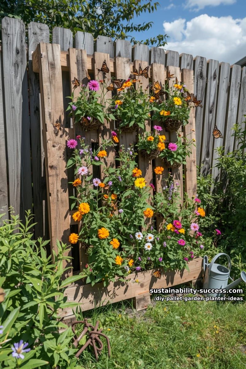 butterfly-attracting flower garden using upright pallet planters 1