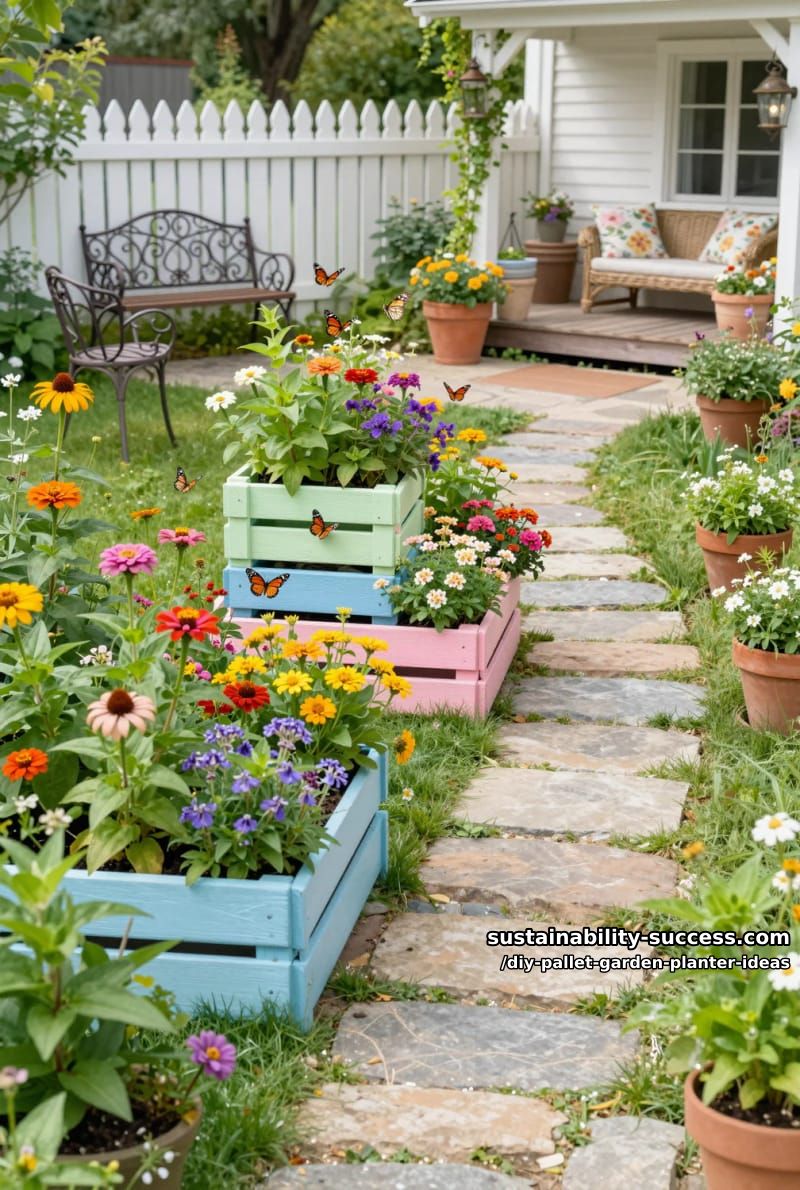 butterfly-attracting flower garden using upright pallet planters 1