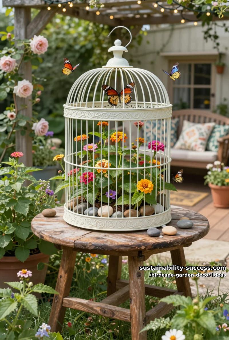 butterfly sanctuary birdcage filled with nectar-rich plants and stones 1