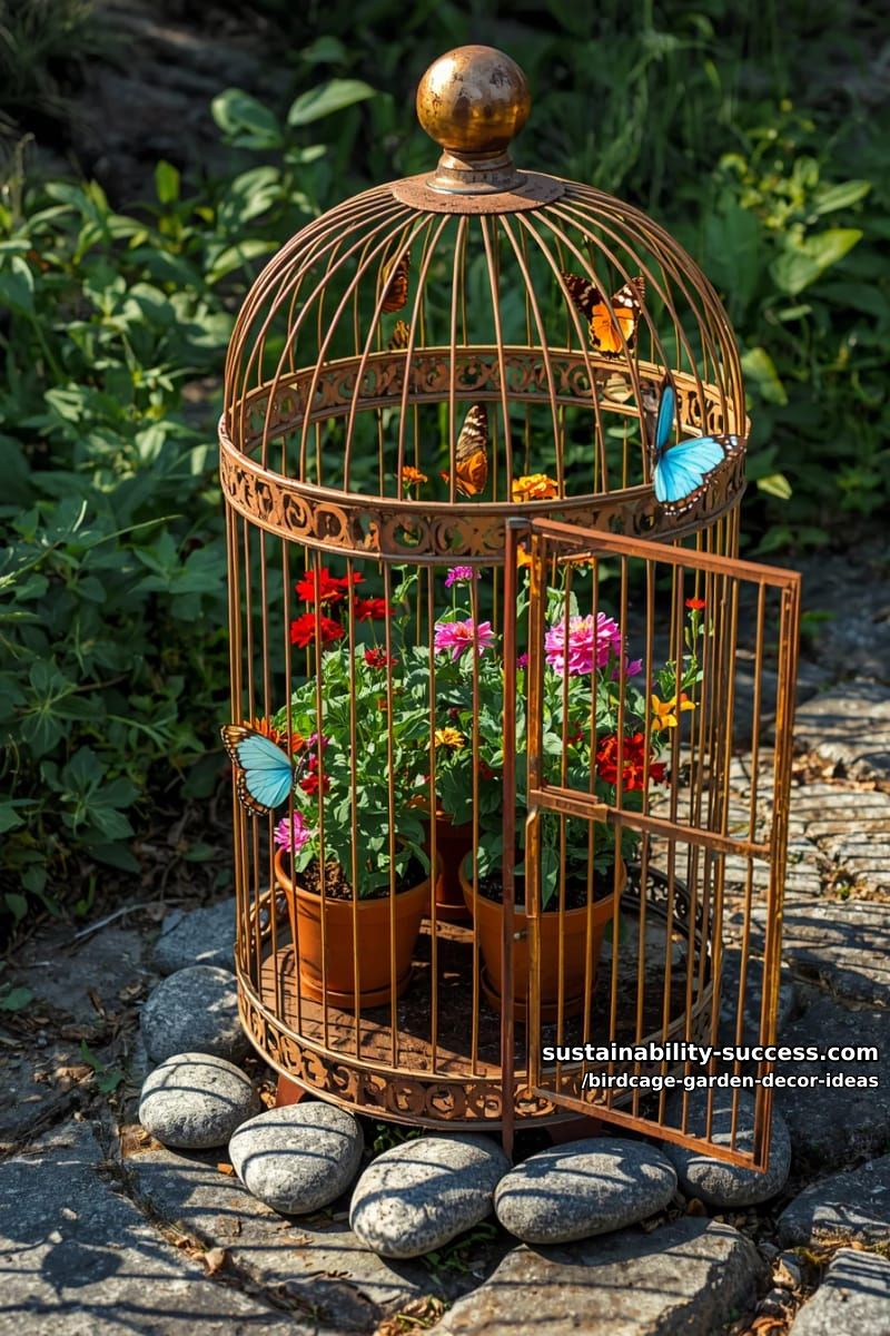 butterfly sanctuary birdcage filled with nectar-rich plants and stones 1