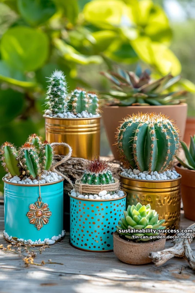 cactus garden in metallic gold and turquoise painted cans 1