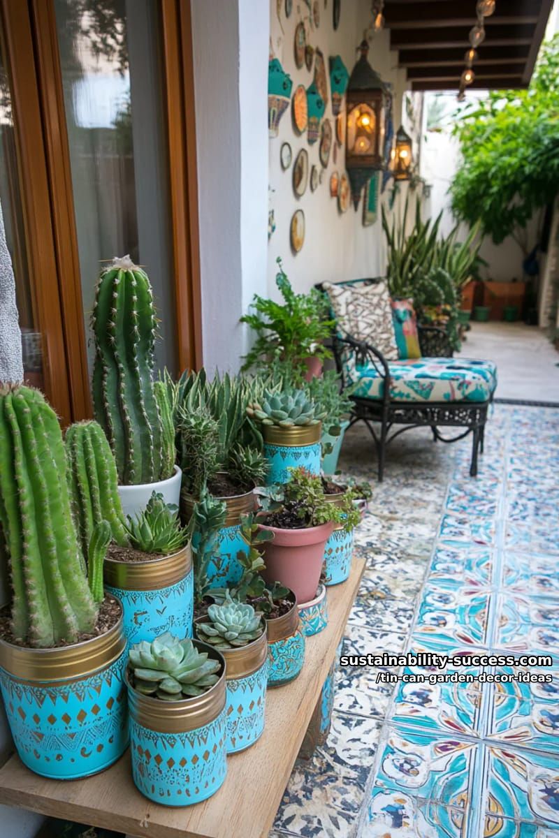 cactus garden in metallic gold and turquoise painted cans 1