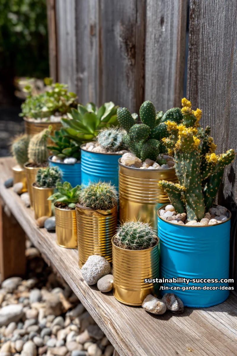 cactus garden in metallic gold and turquoise painted cans 1