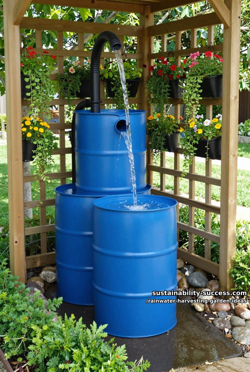 cascading blue barrel system hidden behind privacy trellis with hanging planters 1