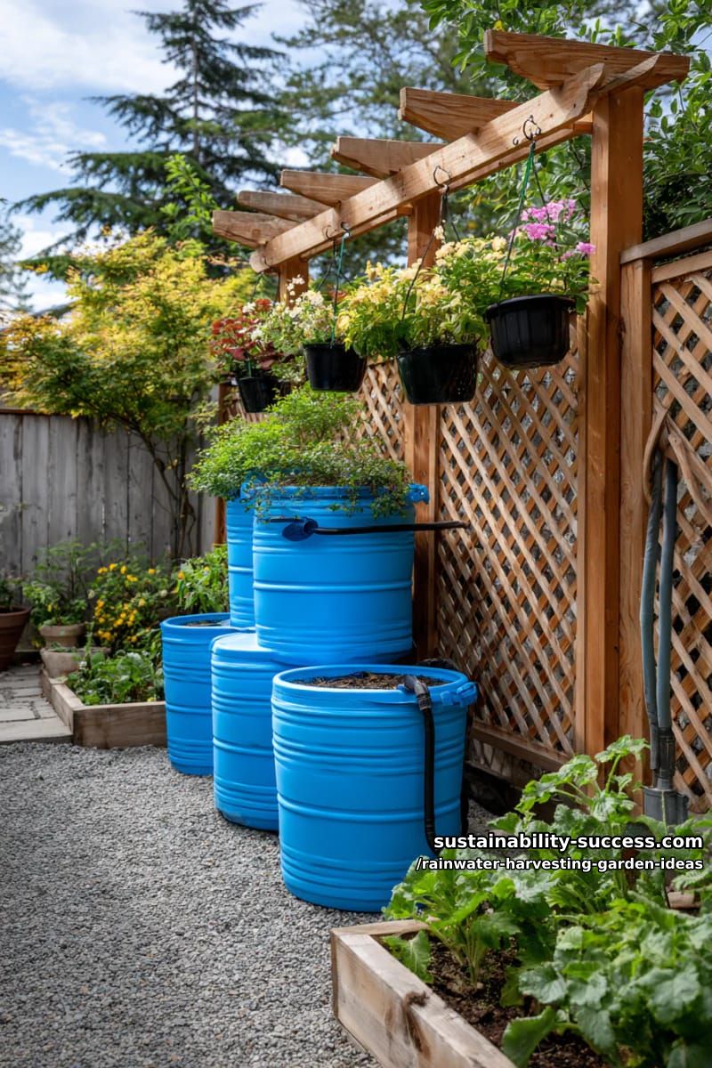 cascading blue barrel system hidden behind privacy trellis with hanging planters 1