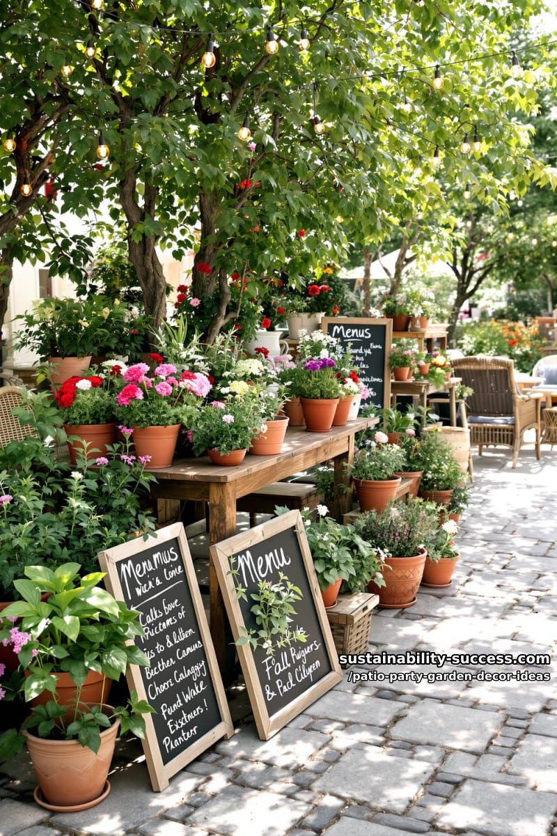 chalkboard signs with hand-lettered menus nestled among potted plants 1