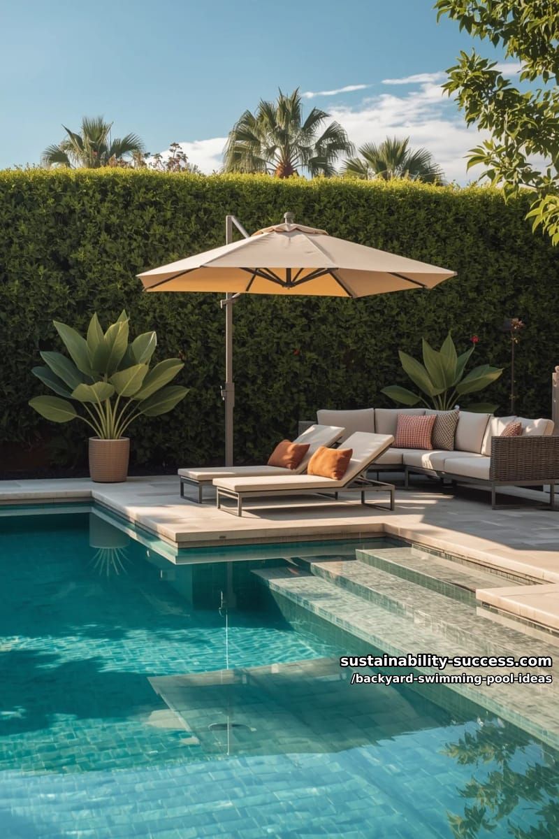 chic rectangular pool with in-water loungers and shaded sun umbrella 1