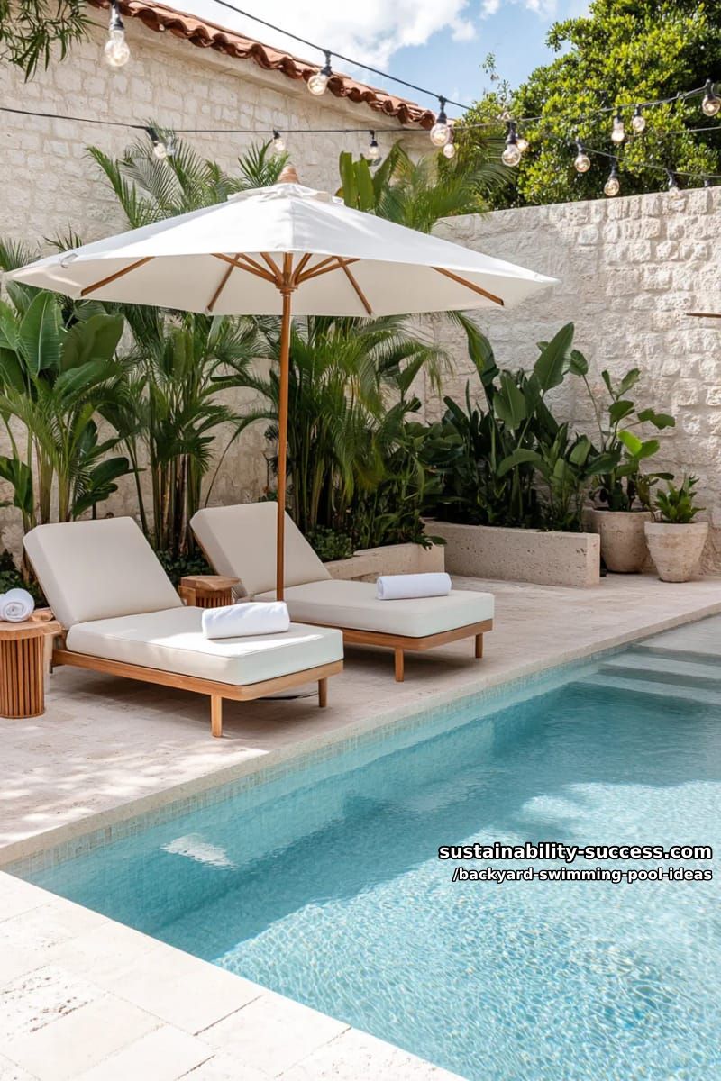 chic rectangular pool with in-water loungers and shaded sun umbrella 1