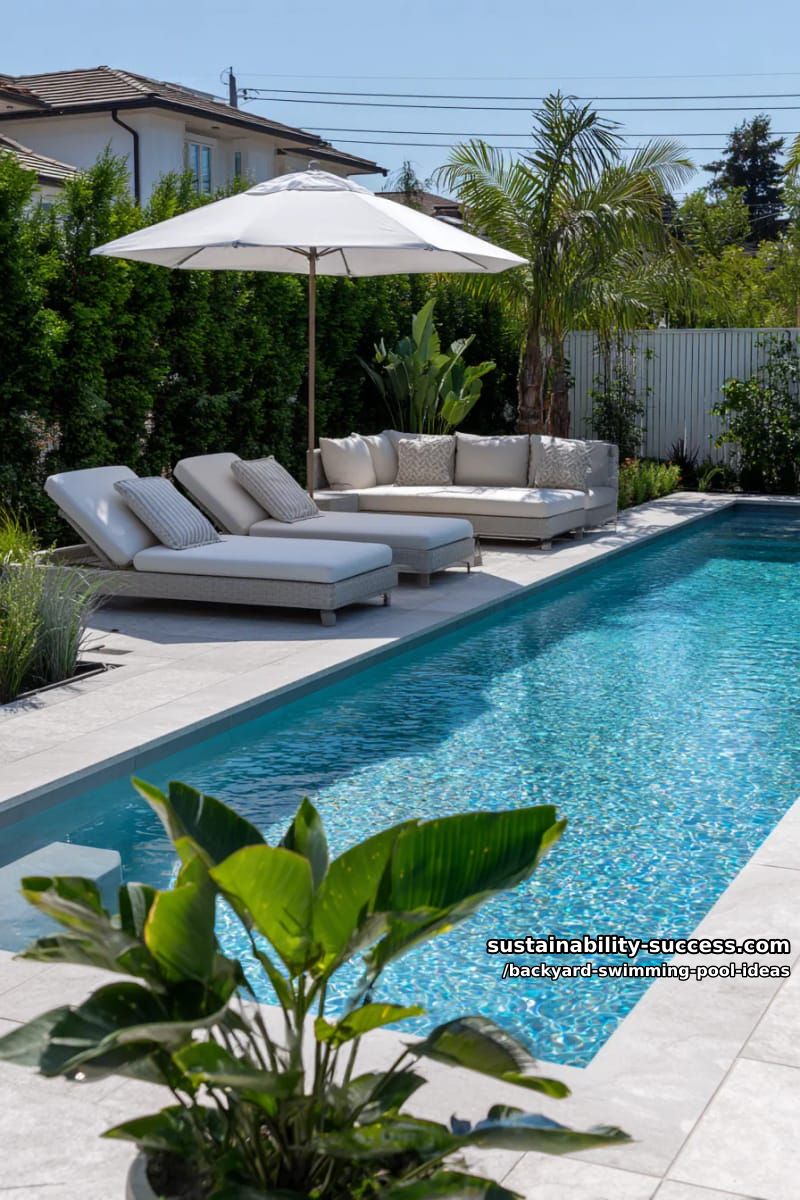 chic rectangular pool with in-water loungers and shaded sun umbrella 1