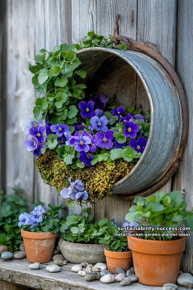 circular bucket cutout hung flat on a fence, planted with moss and violets 1