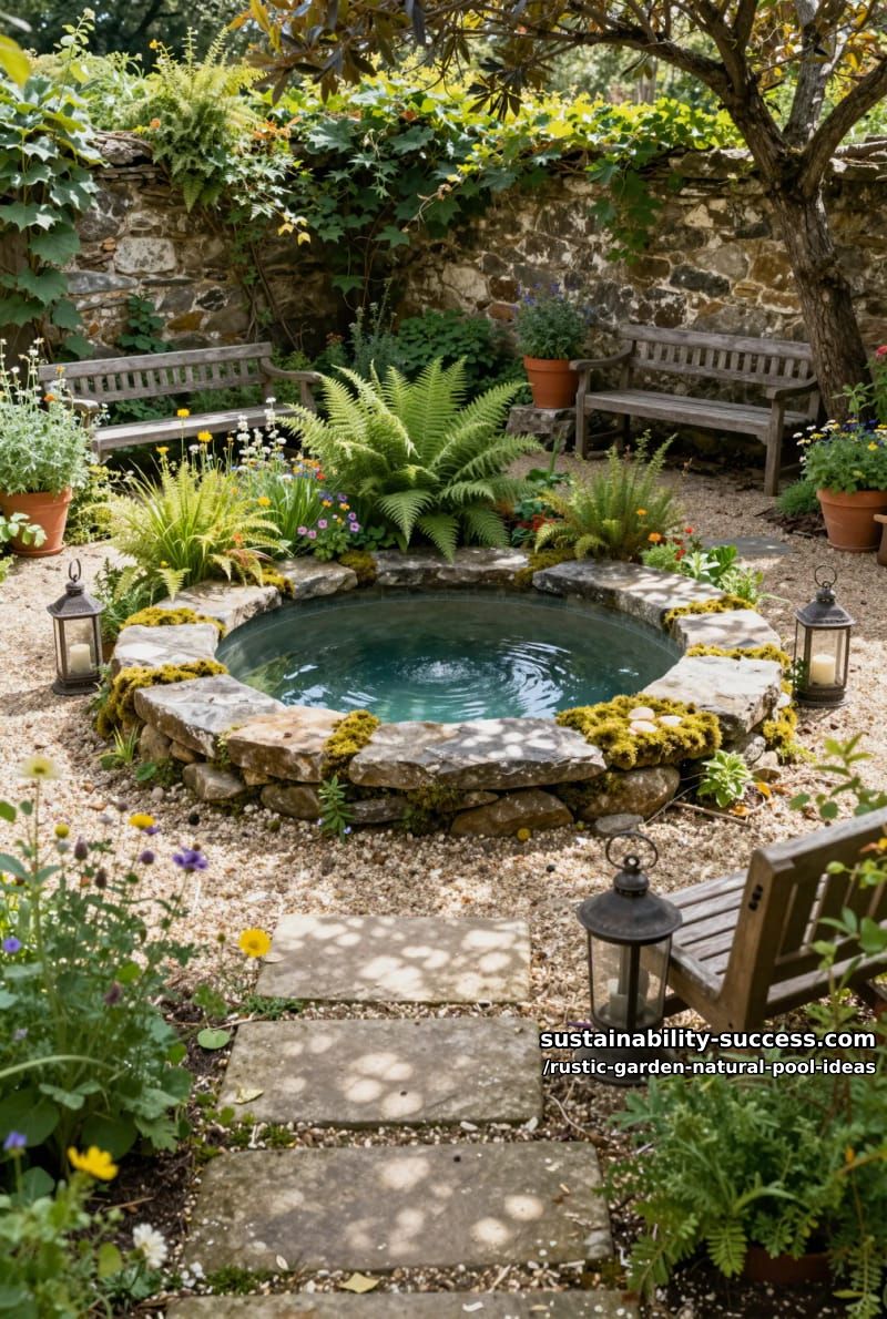 circular stone plunge pool surrounded by wildflowers and native ferns 1
