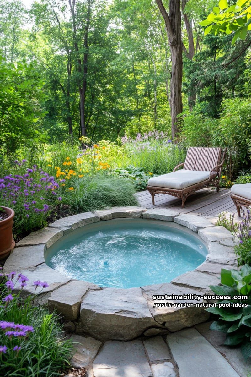 circular stone plunge pool surrounded by wildflowers and native ferns 1