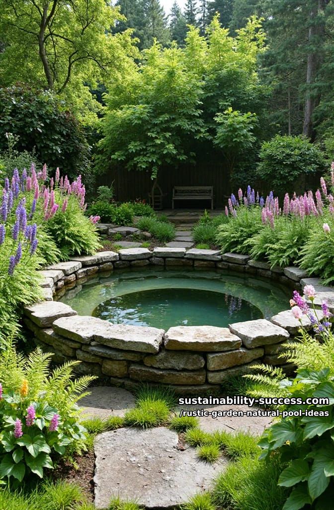 circular stone plunge pool surrounded by wildflowers and native ferns 1