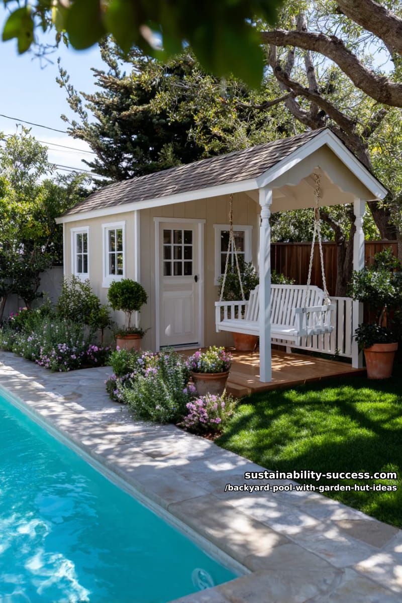 15 Dreamy Backyard Pool with Garden Hut Ideas to Inspire 24 classic cottage-style hut with porch swing and herb garden border. 1