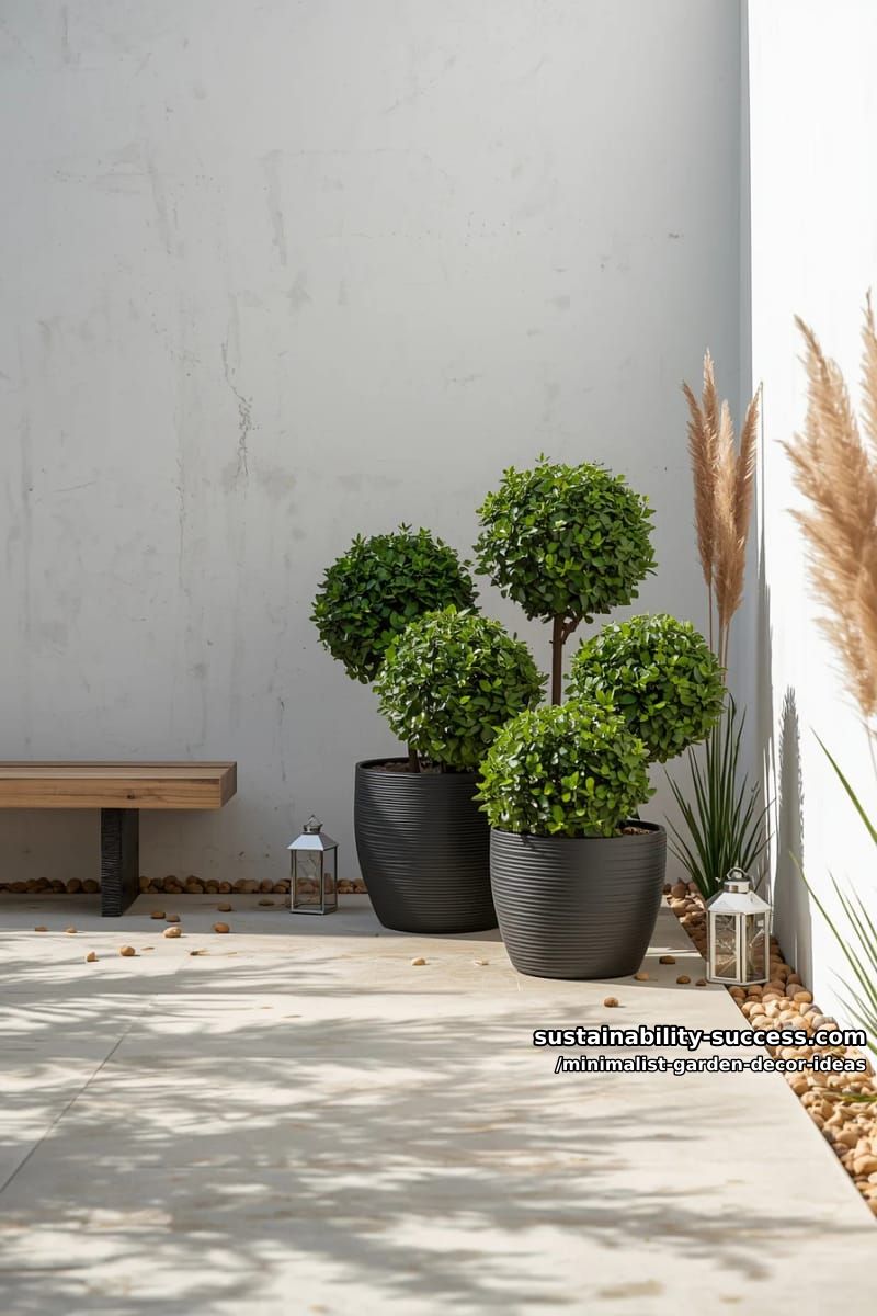 cluster of spherical topiary in matte black pots 1