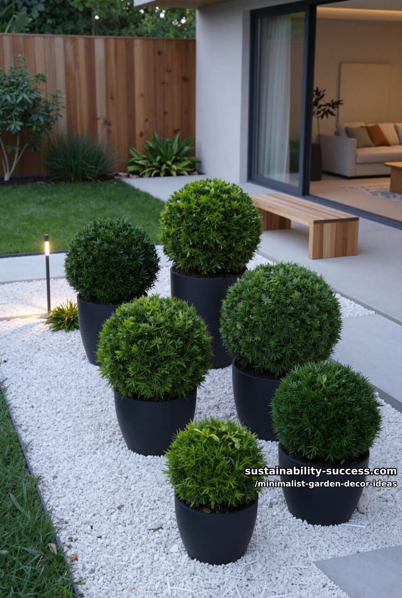 cluster of spherical topiary in matte black pots 1