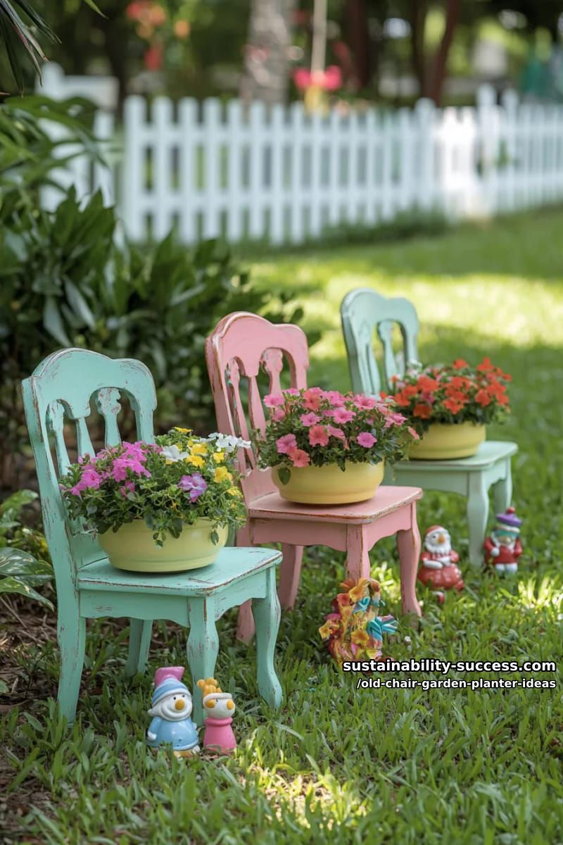 cluster several small pastel-painted chairs for a playful children's garden nook 1
