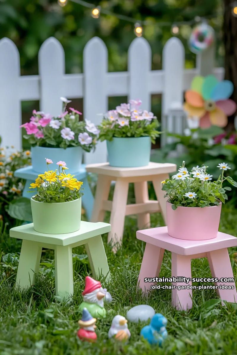 cluster several small pastel-painted chairs for a playful children's garden nook 1
