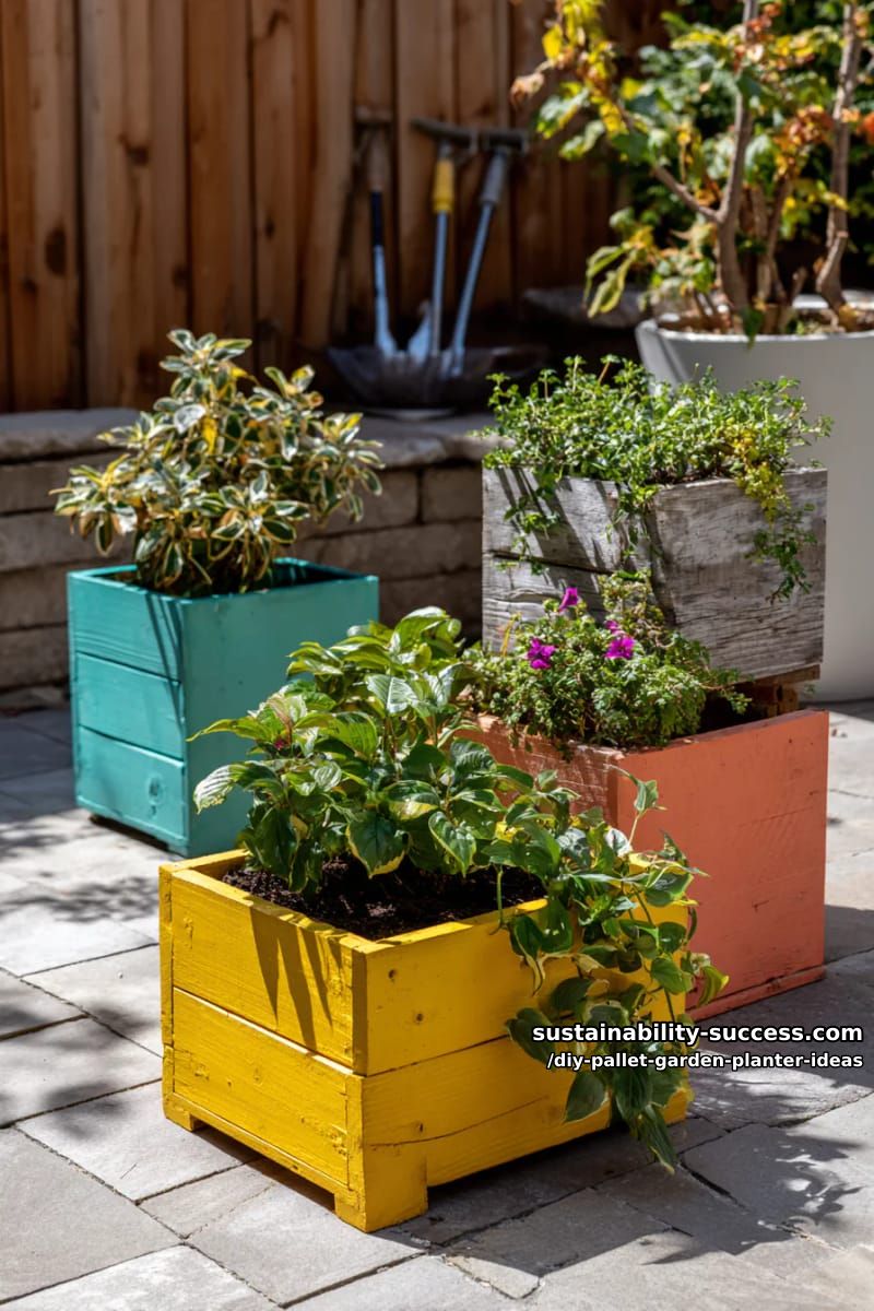 color-block patio planter arrangement using cut pallet sections 1