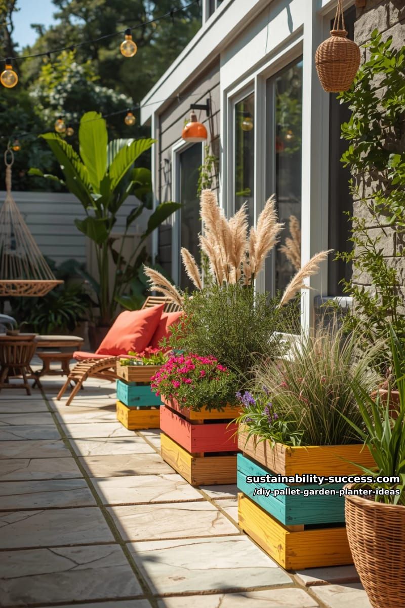color-block patio planter arrangement using cut pallet sections 1
