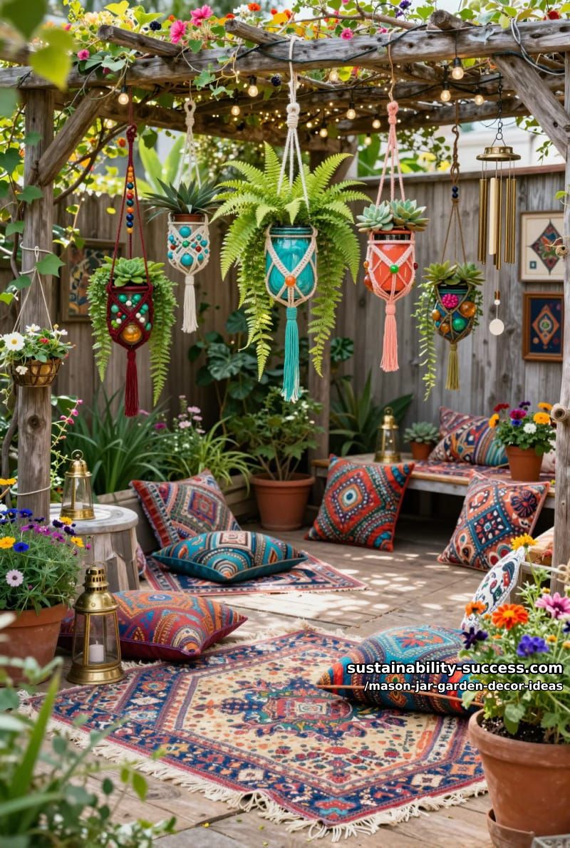 colorful beaded macrame mason jar plant holders for a boho garden vibe 1