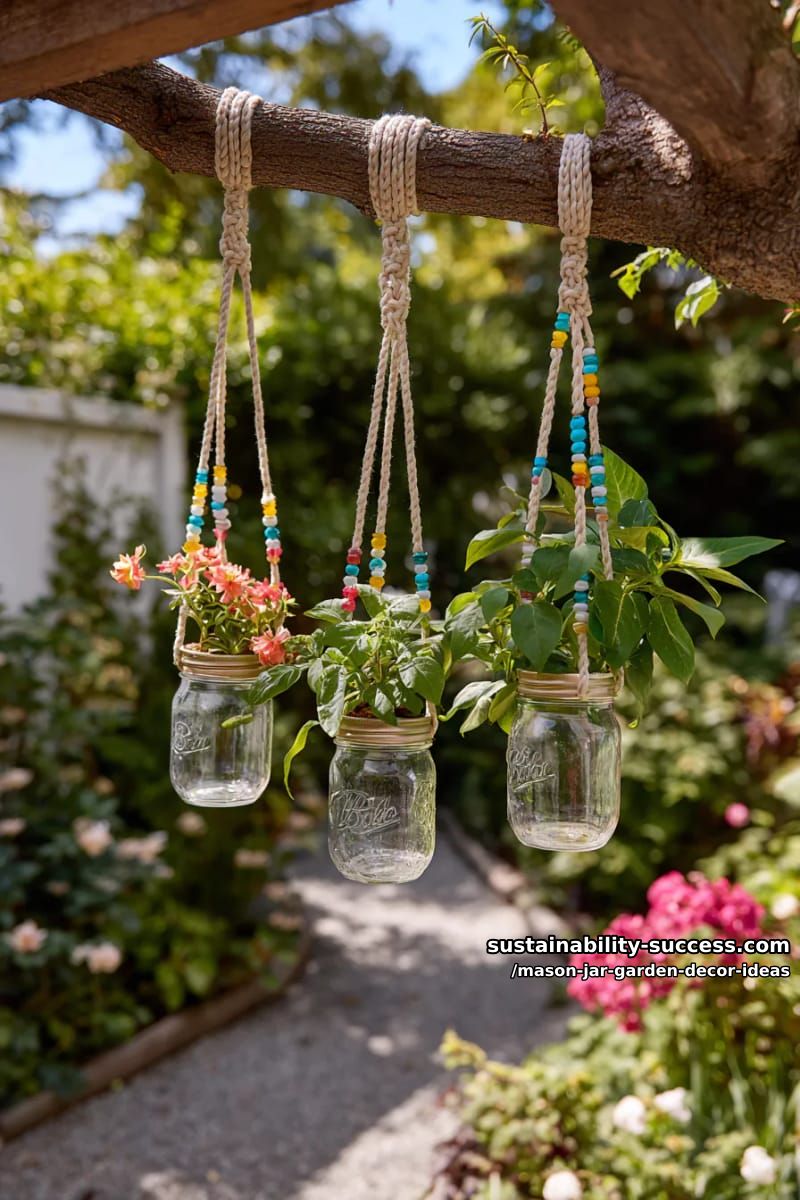 colorful beaded macrame mason jar plant holders for a boho garden vibe 1