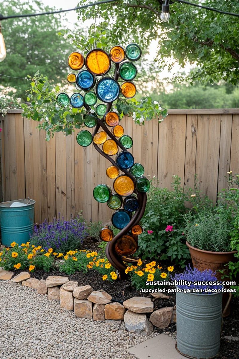 colorful bottle trees sparkling in the sun among patio garden beds 1