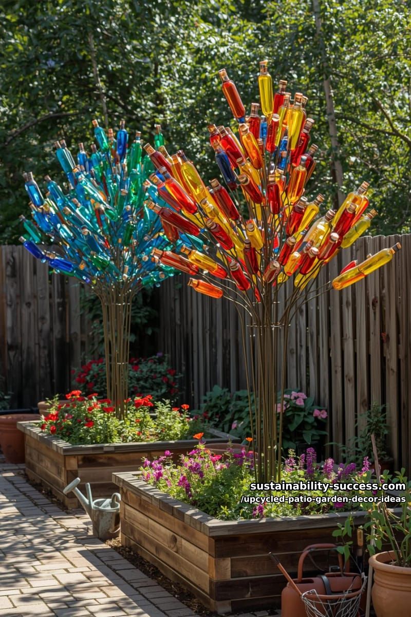 colorful bottle trees sparkling in the sun among patio garden beds 1