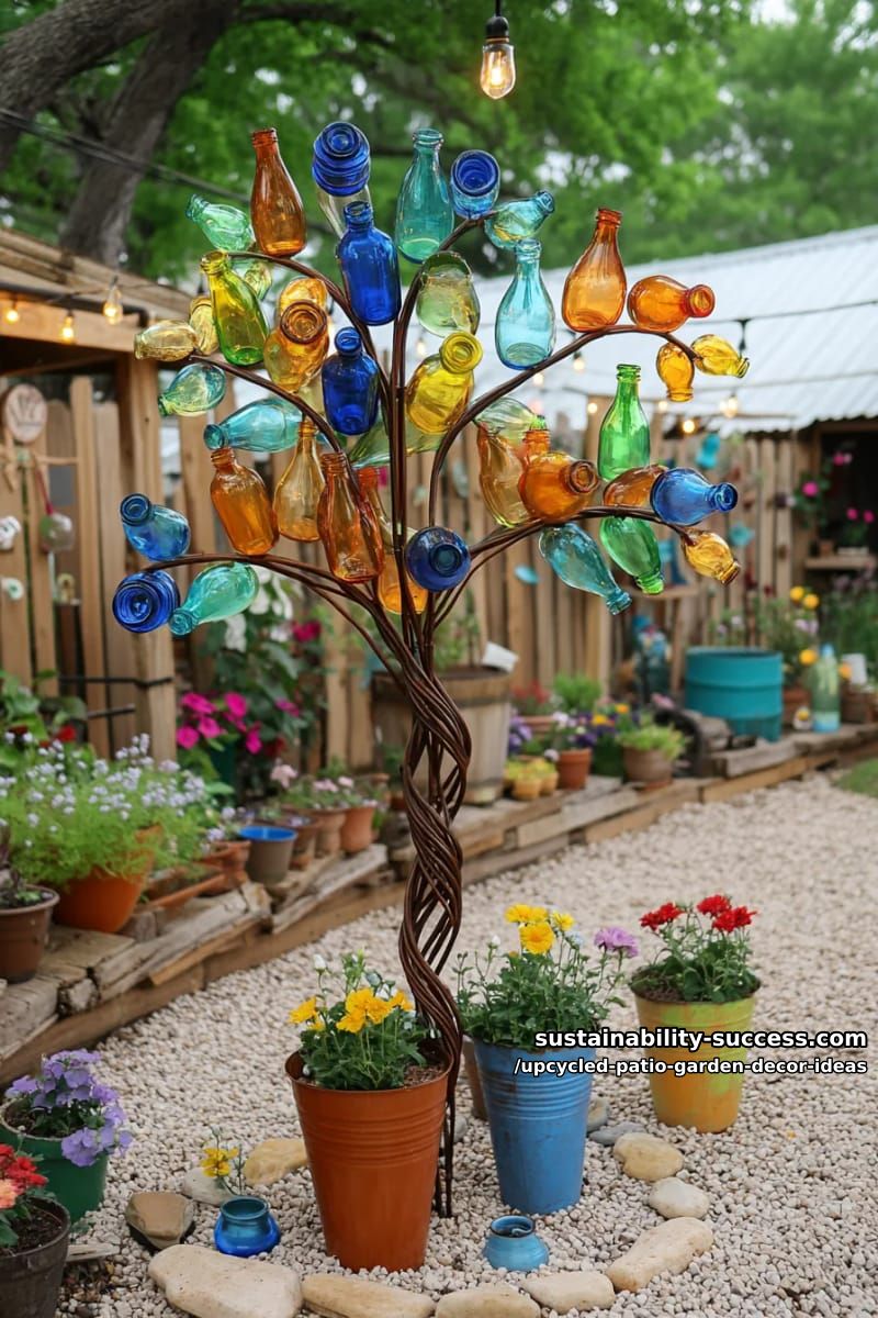 colorful bottle trees sparkling in the sun among patio garden beds 1