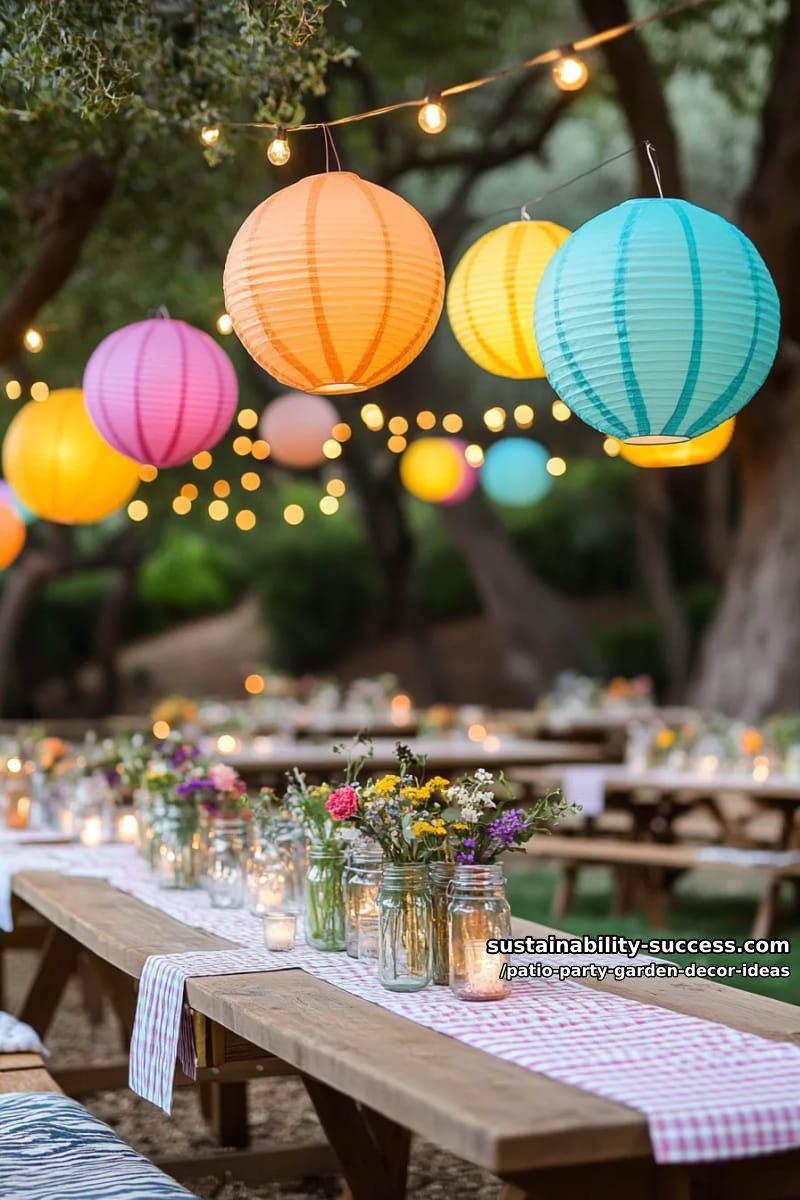 colorful paper lanterns suspended between trees for whimsical garden party ambiance 1