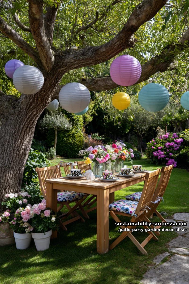 colorful paper lanterns suspended between trees for whimsical garden party ambiance 1