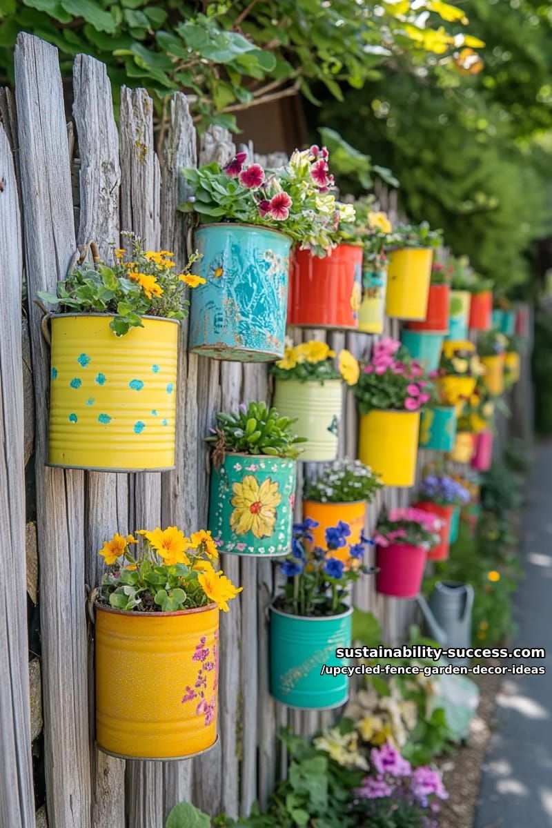 colorful tin can planters hanging in playful patterns on rustic wooden fences 1