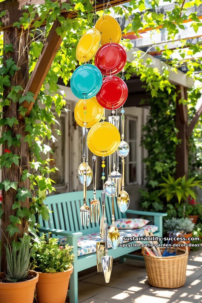 colorful tin lids and cutlery crafted into eclectic patio wind chimes 1