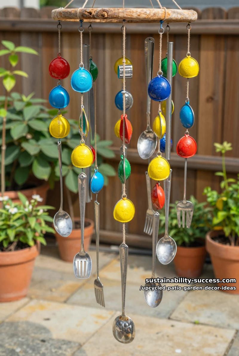 colorful tin lids and cutlery crafted into eclectic patio wind chimes 1