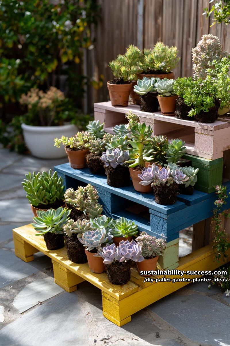 colorfully painted pallet transformed into a succulent garden staircase 1