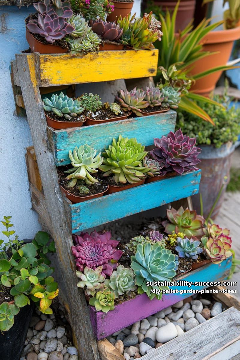 colorfully painted pallet transformed into a succulent garden staircase 1