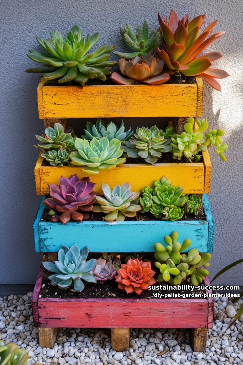 colorfully painted pallet transformed into a succulent garden staircase 1
