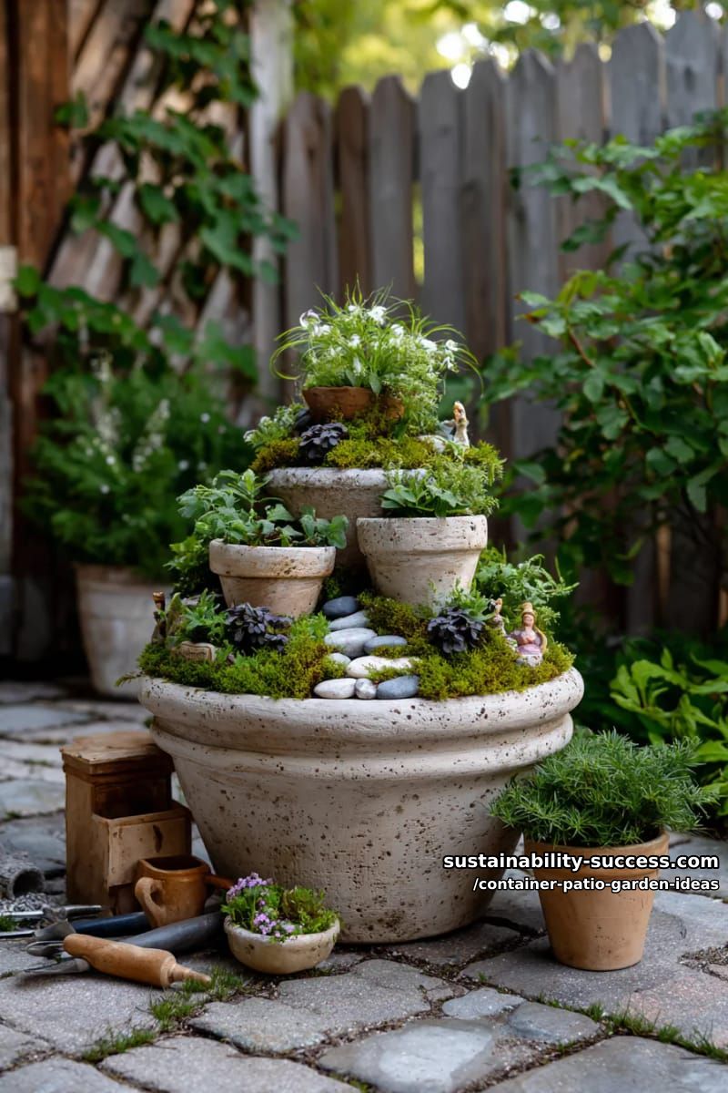 combine stacked clay pots for a tiered fairy garden with tiny figurines. 1