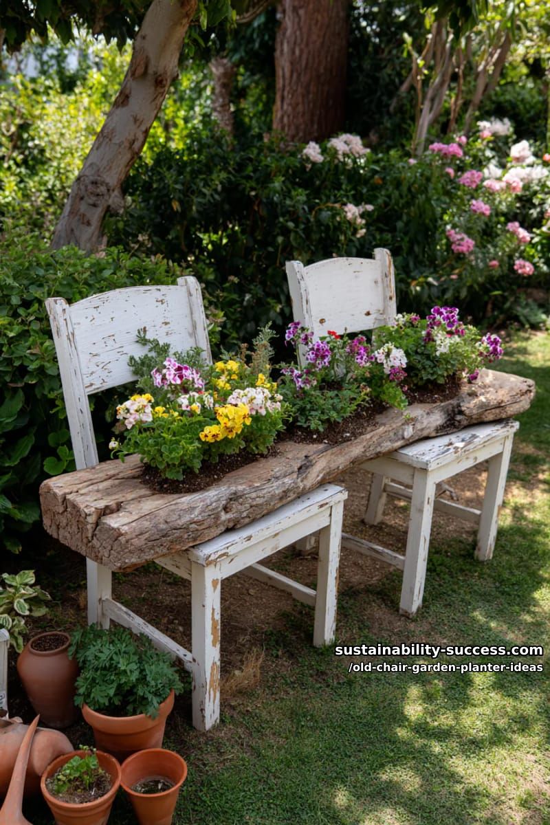 combine two chairs and a wooden plank for a whimsical garden bench planter 1