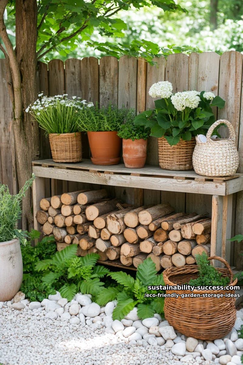 compact log stacker built from repurposed pallets and native plants integration 1