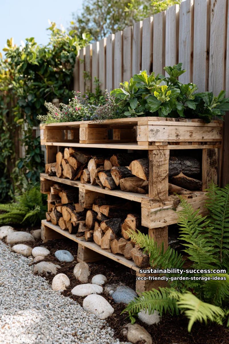 compact log stacker built from repurposed pallets and native plants integration 1