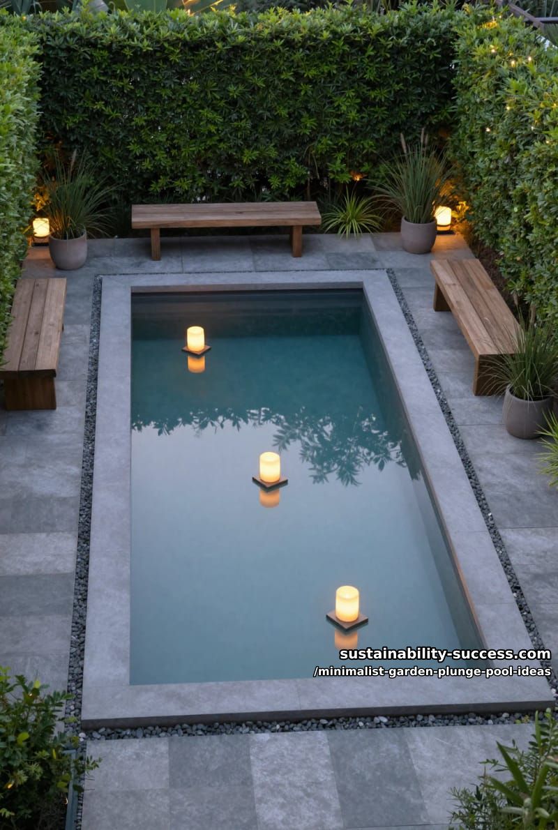 compact plunge pool with floating lanterns and green privacy hedges 1