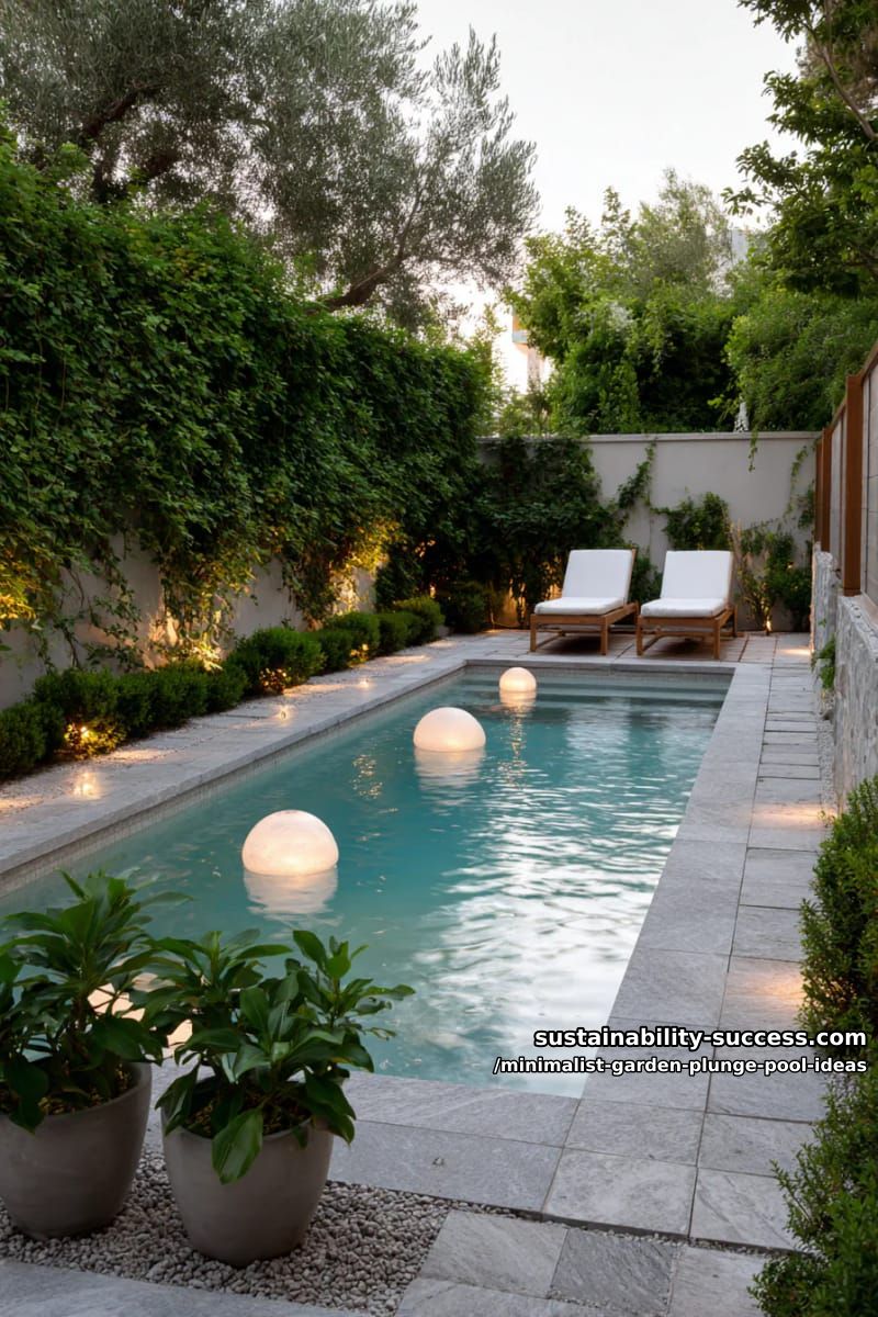 compact plunge pool with floating lanterns and green privacy hedges 1