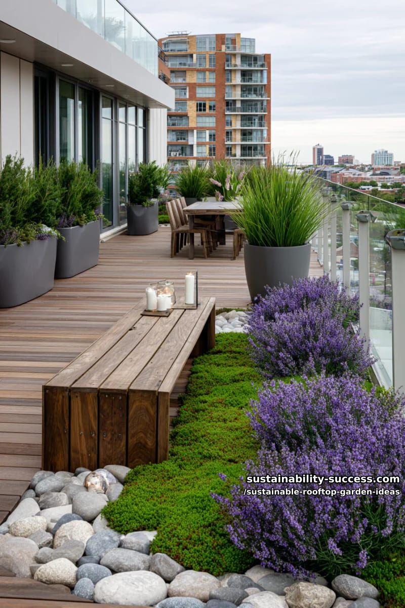 contemporary meditation corner with moss, lavender, and stone benches 1