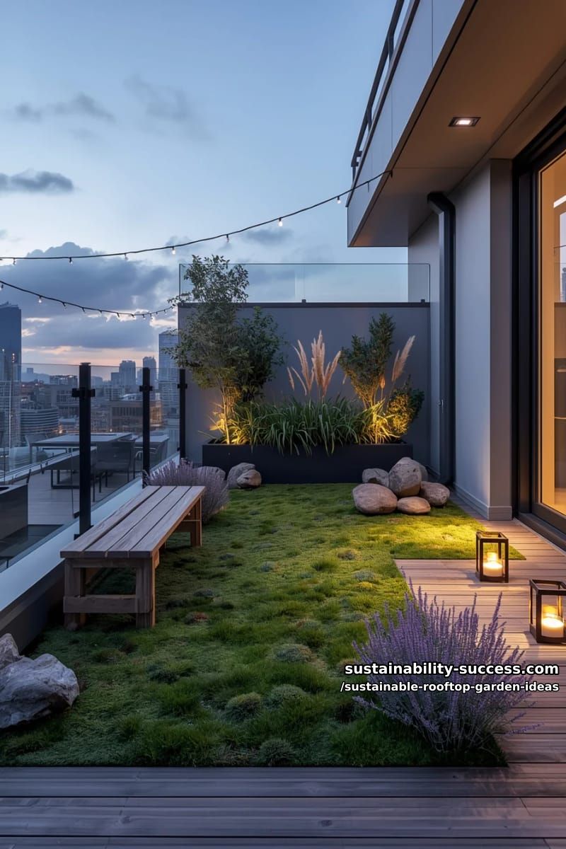 contemporary meditation corner with moss, lavender, and stone benches 1