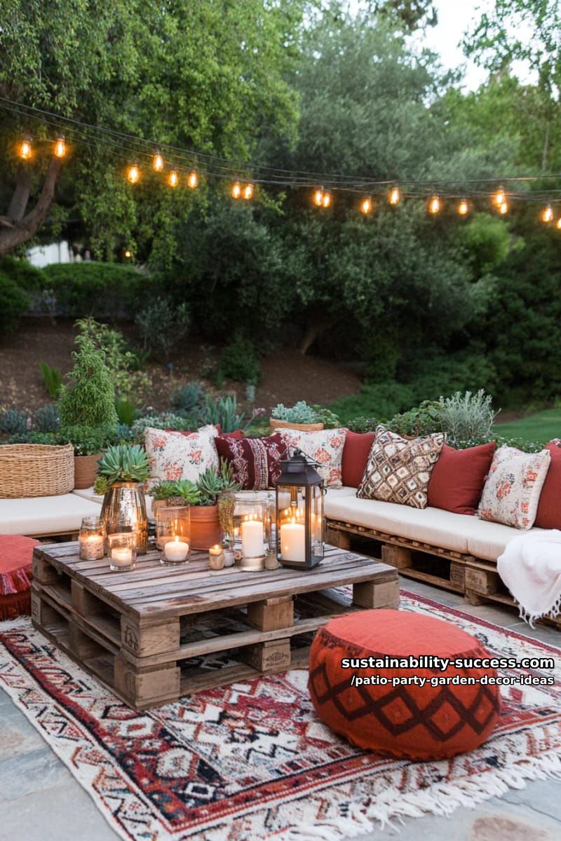 cozy floor seating with patterned rugs, plush pillows, and low wooden pallet tables 1