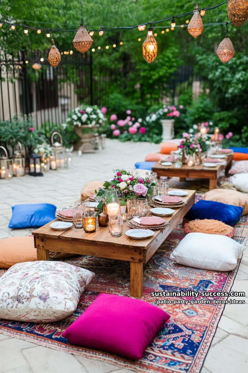 cozy floor seating with patterned rugs, plush pillows, and low wooden pallet tables 1