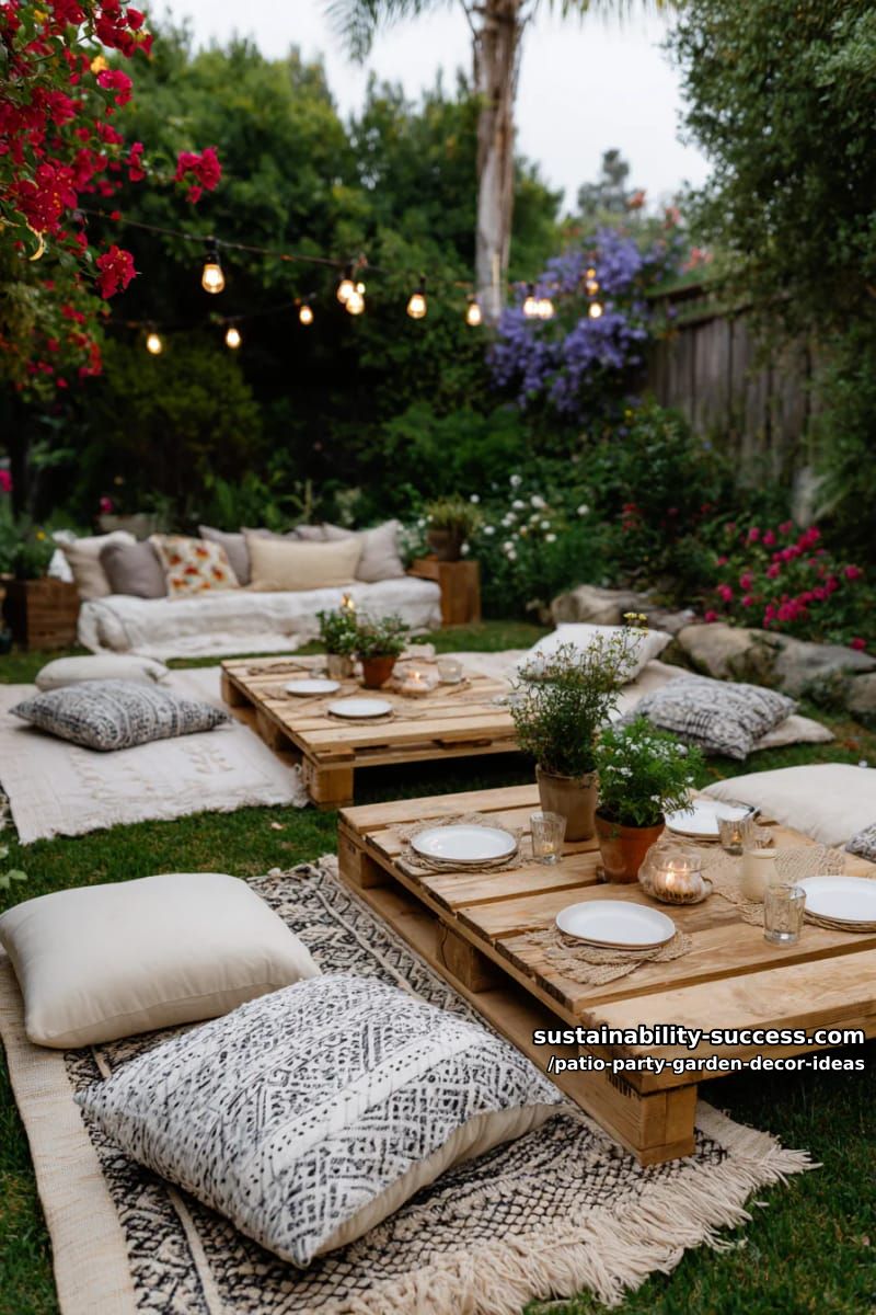 cozy floor seating with patterned rugs, plush pillows, and low wooden pallet tables 1