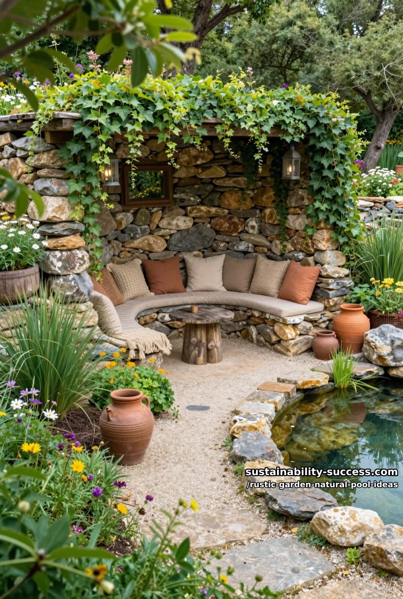 cozy garden seating nook built into a retaining wall of stacked rocks 1