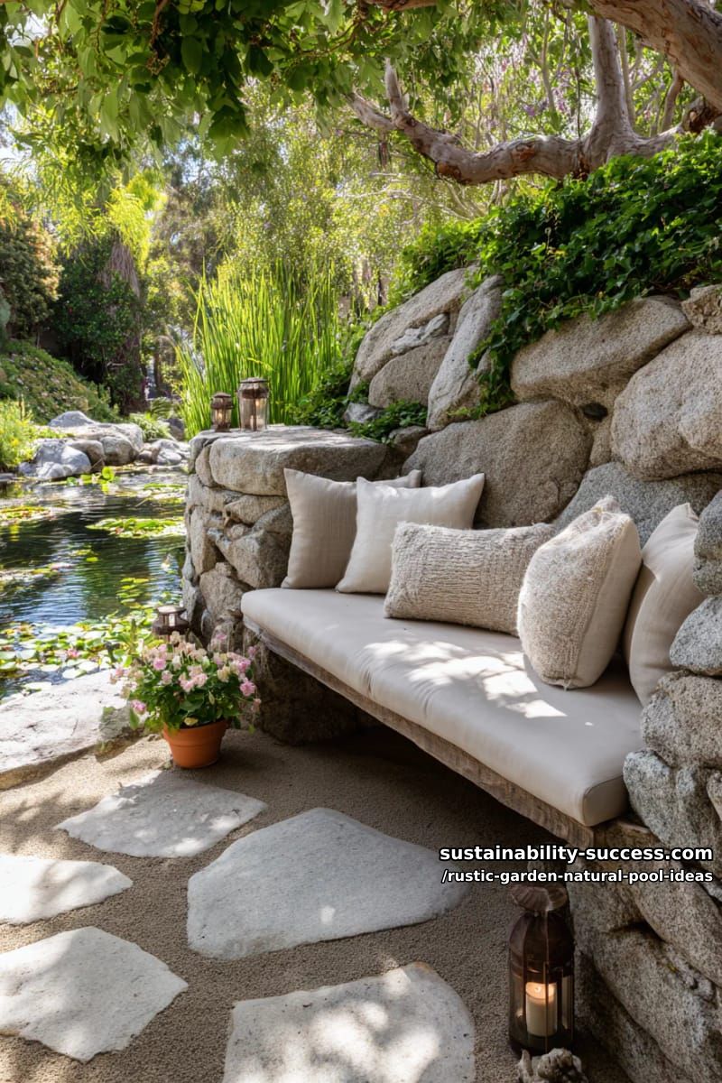 cozy garden seating nook built into a retaining wall of stacked rocks 1